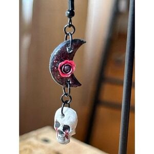 Gothic Crescent Moon Red Rose and Bleeding Skull Dangle Earrings Black Metal